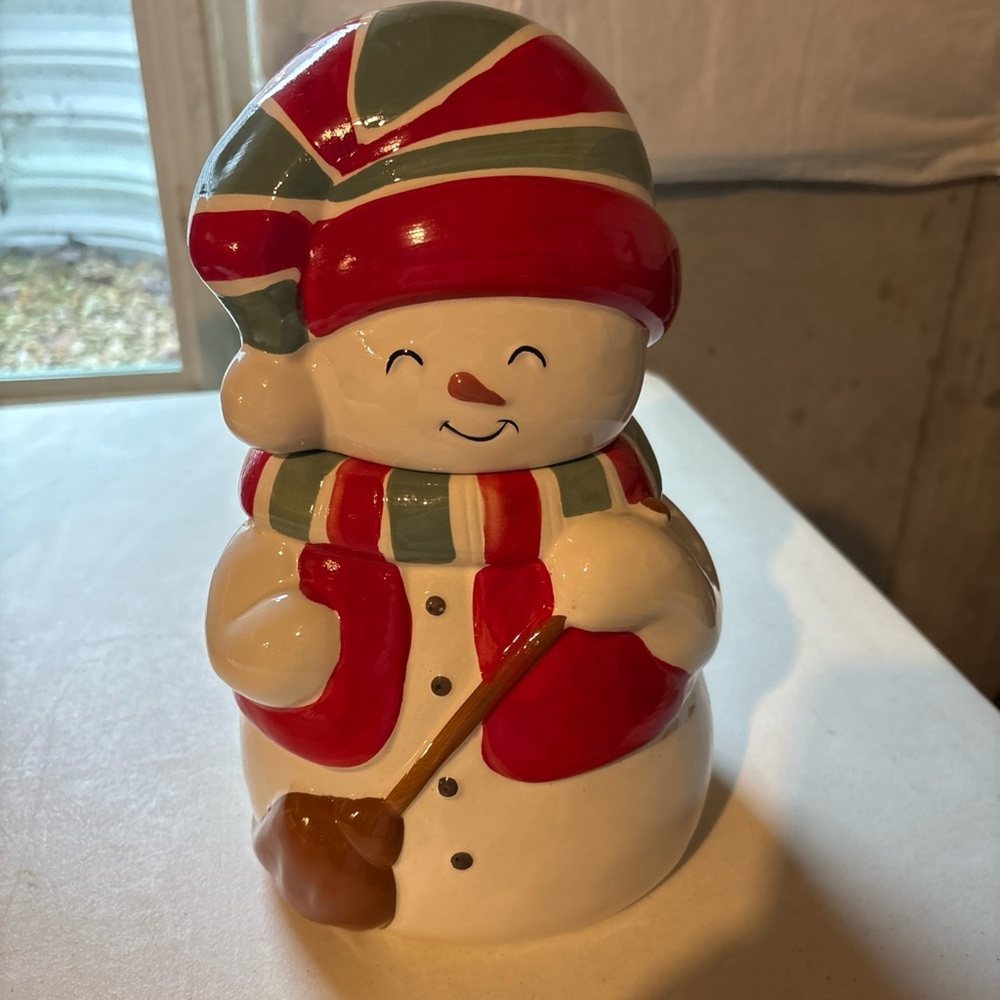 Cheerful Snowman Cookie Jar - Red, Green, and Brown